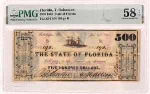 Rare and uncirculated 1865 $500 Confederate currency banknote (Florida, CR 44), a key issue in the Florida Civil War State Note series, one of only 380 printed, rated R7 ($9,375).