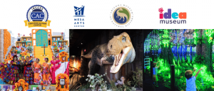 Collage featuring the Mesa Arts Center's vibrant Día de los Muertos display, an interactive exhibit at the Arizona Museum of Natural History, and creative activities for children at the idea Museum.