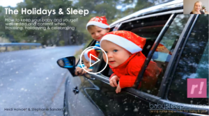 The image shows the cover of the webinar and shows the title namely The Holidays and Sleep, as well as two small children traveling in a car wearing Christmas hats