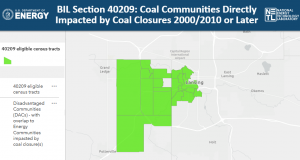 Map illustrating the Lansing, MI greater metro area as an area affected by the closures of coal operations