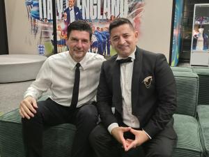 Sabri Agimi, The Voice of Diaspora, with SME National Finalist Winner Tony J. Selimi at Wembley Stadium