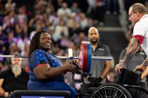 U.S. Para Powerlifting athlete Ashley Dyce competing at an event.