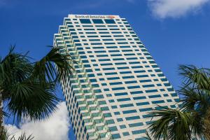 This is a landscape image of the Bank of America Plaza building in downtown Tampa Florida.