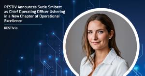 A professional headshot of Suzie Smibert, newly appointed Chief Operating Officer at RESTIV, displayed within a circular frame against a futuristic blue background featuring a digital circuit design. The text reads: “RESTIV Announces Suzie Smibert as Chie