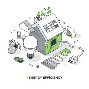 Energy-efficient house with solar panels, smart technology symbols, certification system chart and a green environment.