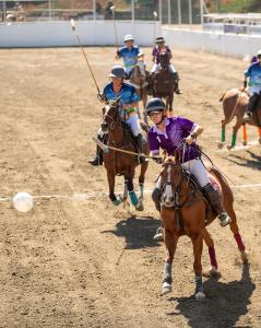 an arena polo player hits the ball into the air toward goal