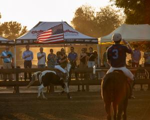 a woman on horseback carries the USA flag while an arena polo player gives his military salute