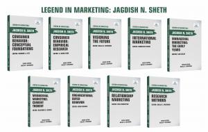 A collection of book covers from the Legend in Marketing: Jagdish Sheth series, showcasing titles on consumer behavior, relationship marketing, and global strategies.