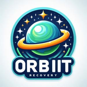 Orbiit Recivery Program Logo with a planet and ring signaling that the program is encircling the world of recovery. Dark blue and bright yellow