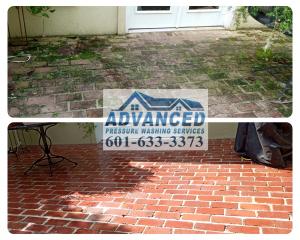 Before and after images of brick patio pressure washing services in Madison, MS by Advanced Pressure Washing Services LLC. Showcases the removal of moss, mold, dirt, and grime, restoring the patio’s original color and appearance. Ideal for homeowners seek