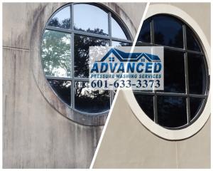 Before and after images showcasing stucco cleaning and pressure washing services in Clinton, MS by Advanced Pressure Washing Services LLC. Demonstrates the removal of dirt, grime, and stains from stucco surfaces around a circular window, highlighting impr