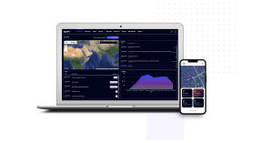 A laptop and smartphone display the Quori operational intelligence platform, featuring a global map with live security events, analytics, and reporting tools for monitoring and response.