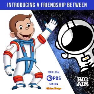 astronaut and monkey cartoon characters with space background