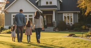 A family of four holding hands and walking across a sunlit lawn toward a modern two-story home, symbolizing confidence and security in their new investment.