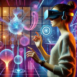 A futuristic and immersive scene showcasing a woman wearing a sleek VR headset, fully engaged in a virtual tour of an art installation. The virtual gallery features glowing sculptures, floating holographic elements, and vibrant 3D paintings, illuminated b