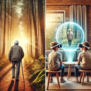 A futuristic composite image depicting an older man walking through a serene forest on the left, capturing the moment with a camera. On the right, two boys wearing VR headsets sit in a modern living room, immersed in the real-time experience of their gran