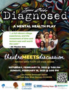 "Diagnosed" Tour Flyer for Denver, Colorado, featuring event details, dates, and sponsors. Highlights mental health awareness and support for Black women and women of color.