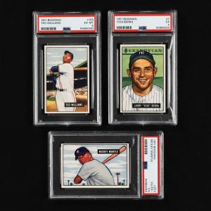 1951 Bowman partial set of 155 baseball cards, including the #253 Mickey Mantle rookie card, graded PSA 4.5 VG-EX+, a Ted Williams card and a Yogi Berra card (est. CA$20,000-$25,000).