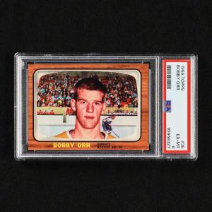 1966 Topps #35 Bobby Orr rookie card, graded PSA 6 EX-MT. The grade describes the card well, with no visible flaws to the field or edges and little corner wear (est. CA$10,000-$15,000).