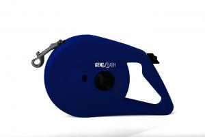 A retractable dog leash with navy blue coloring and black metal parts