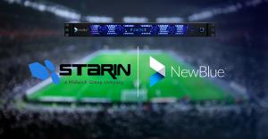 Logos of Starin and NewBlue below the Fusion, a product image showcasing the hardware with advanced broadcast graphics solutions for live video production.