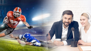 Sports broadcasters covering a live football game, utilizing NewBlue Fusion's broadcast solutions combined with Starin's advanced camera technology options to deliver an engaging viewer experience.