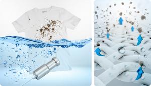 Sonic Soak generates modulated ultrasonic waves that travel through the water to clean at the microscopic level.