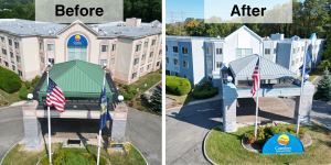 Images of before and after stucco exterior restoration