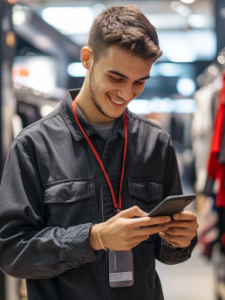 Person holding mobile device (male)