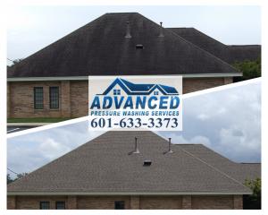 Before and after comparison of a roof cleaned by Advanced Pressure Washing Services LLC, showcasing the effectiveness of professional roof cleaning and soft washing services in removing black streaks, algae, and stains. This roof restoration highlights th