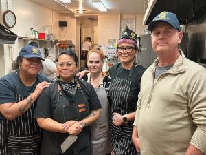 It was all hands on deck in the kitchen with Chef Jade, second from left, with kitchen team, E. Monroy, Tanya Porter, Kat Uyenco, and Nick Papadakis, Hollywood American Legion Post 43 member who heads the Post’s band committee. Photo: Platinum Star PR