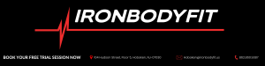 This photo showcases the Iron Bodyfit logo in White on a black background with a heartbeat in red. It is a call to action for individuals to book their free EMS trial session at the Iron Bodyfit Studio in Hoboken, New Jersey.