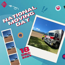 A blue image with the words "National Moving Day" and the date "18 Dec 2024". There is one large photo of a removal truck in front of a plowed field and then a series of 3 smaller photos of a removal truck in the Outback surrounded by red dirt.