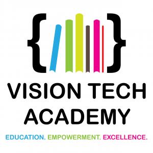 Vision Tech Academy logo featuring a stylized design of six vertical bars in blue, green, yellow, brown, pink, and red, resembling books, framed by black curly braces on each side. Below the graphic, the text 'VISION TECH ACADEMY' is written in bold black