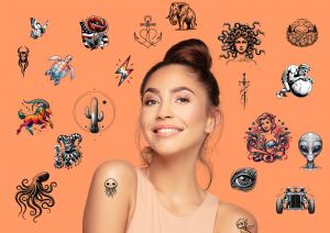 A photo of a woman surrounded by images made by the tattoos ai generator
