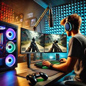 A vibrant scene of a gamer livestreaming in a modern gaming setup. The gamer is seated at a desk, wearing a headset with a microphone, while playing a first-person shooter game displayed on two monitors. The desk is equipped with a colorful RGB-backlit ke