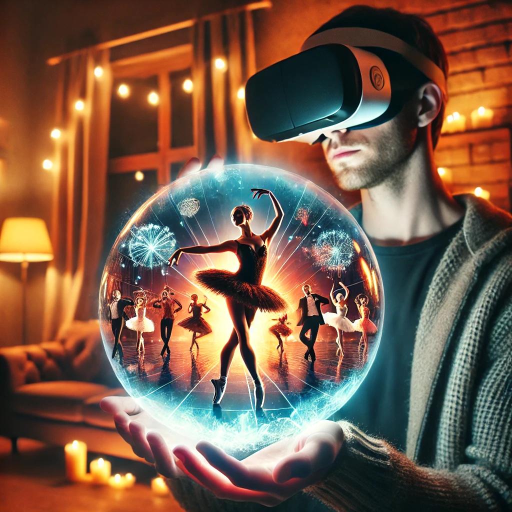 A visually striking scene of a person wearing a VR headset, holding a glowing orb in their hands. Inside the orb, there is an immersive dance performance featuring elegant ballet dancers and contemporary performers in mid-motion, surrounded by vivid light