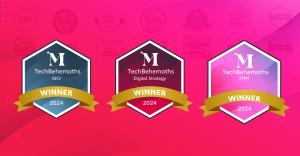 Three award badges showcasing Maven Collective Marketing’s 2024 TechBehemoths wins for SEO and Digital Strategy services.