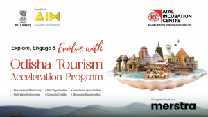 An engaging poster for the Odisha Tourism Acceleration Program (OTAP), powered by Merstra Foundation in collaboration with AIC Nalanda. The vibrant design highlights the program’s mission to empower startups in tourism, travel, and hospitality with mentor