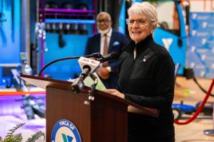 PA State Senator Carolyn Comitta Delivers Remarks at a Podium