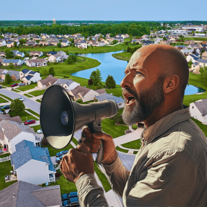 Man talks through a megaphone in a suburban neighborhood to raise awareness about "Association Nightmares"