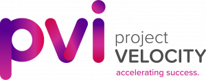 The Project Velocity logo is clean rounded text with bold purples and magentas.