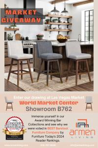 Armen Living invites market buyers to stop by their showroom B762, Sunday, Jan 26 to Wednesday, Jan 30 for a chance to win a pair of beautiful Isabella Barstools.