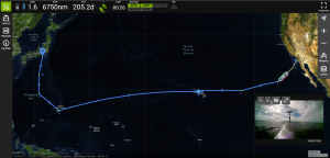 A screenshot of a control screen showing lines leading from San Diego to Japan. A boat icon shows partial progress through the mission.