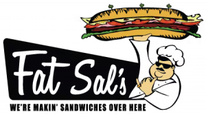 logo for fat sals with a graphic of a male chef holding up a big sandwich and the tagline of "We're making sandwiches over here"