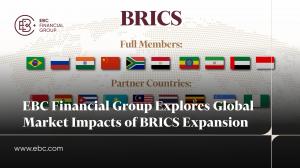 Líderes mundiales celebran la expansión de los países BRICS con un mapa de los estados miembros de fondo, simbolizando una transformación en el comercio y finanzas globales - EBC