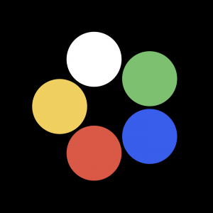 Five circles in yellow, red, green, blue, and white arranged in a circle on a black background