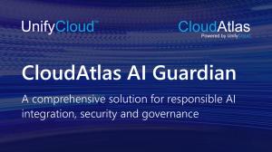 Image with UnifyCloud and CloudAtlas logos and text that states: CloudAtlas AI Guardian: A comprehensive solution for responsible AI integration, security and governance