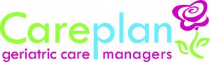 Careplan Care Managers logo featuring the word 'Careplan' in green and blue font, the phrase 'geriatric care managers' in pink below, and a pink stylized flower with green leaves on the right.