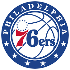 Philadelphia 76ers Logo, its an outline of a blue basketball with Philadelphia around the edge, it has 76ers in the middle with a red 7